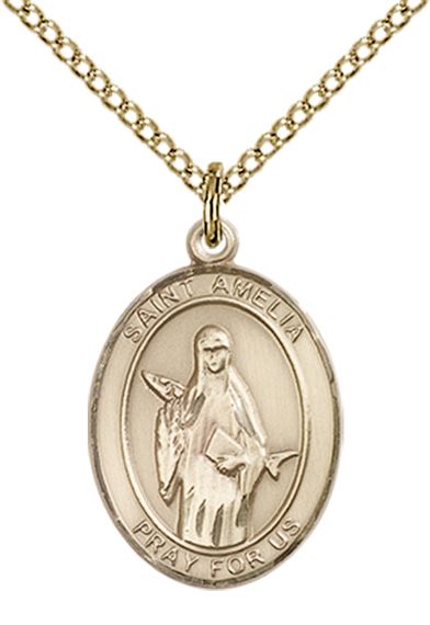 14KT GOLD FILLED ST AMELIA PENDANT WITH CHAIN - 3/4" x 1/2"