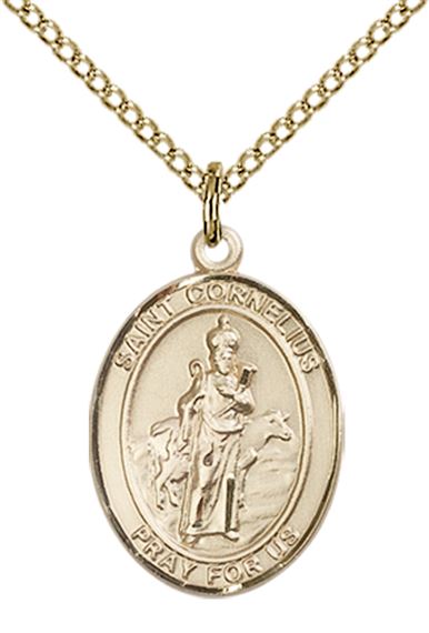 14KT GOLD FILLED ST CORNELIUS PENDANT WITH CHAIN - 3/4" x 1/2"