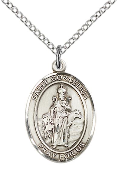 STERLING SILVER ST CORNELIUS PENDANT WITH CHAIN - 3/4" x 1/2"