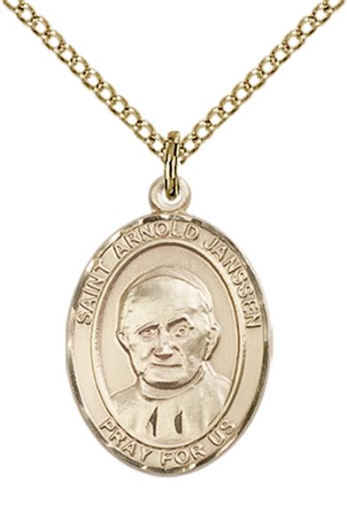 14KT GOLD FILLED ST ARNOLD JANSSEN PENDANT WITH CHAIN - 3/4" x 1/2"