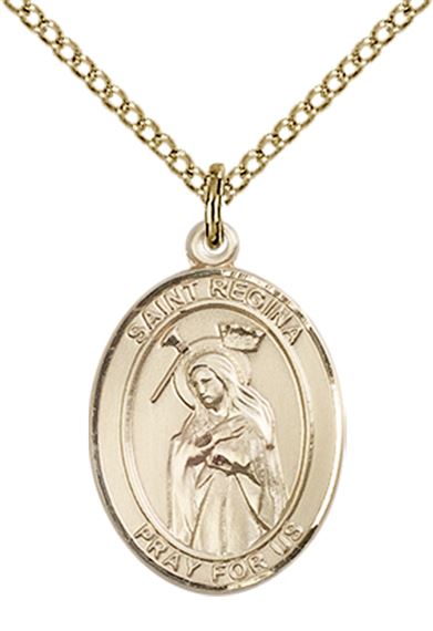 14KT GOLD FILLED ST REGINA PENDANT WITH CHAIN - 3/4" x 1/2"