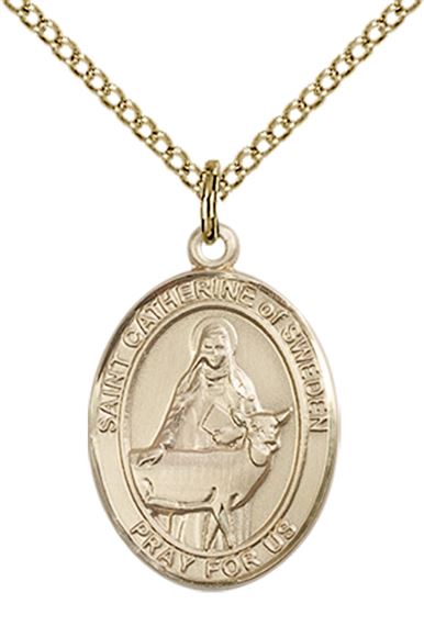 14KT GOLD FILLED ST CATHERINE OF SWEDEN PENDANT WITH CHAIN - 3/4" x 1/2"