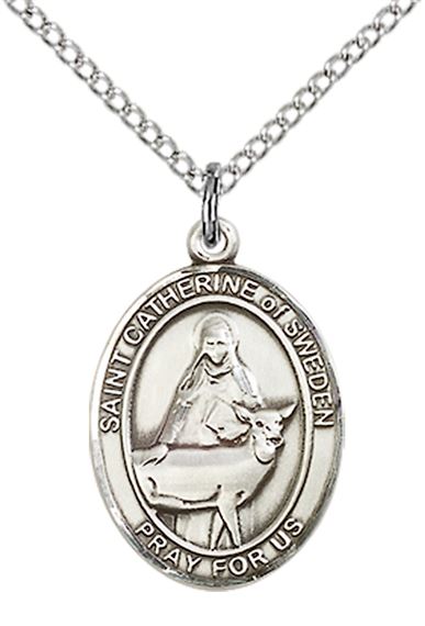 STERLING SILVER ST CATHERINE OF SWEDEN PENDANT WITH CHAIN - 3/4" x 1/2"