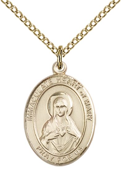14KT GOLD FILLED IMMACULATE HEART OF MARY PENDANT WITH CHAIN - 3/4" x 1/2"