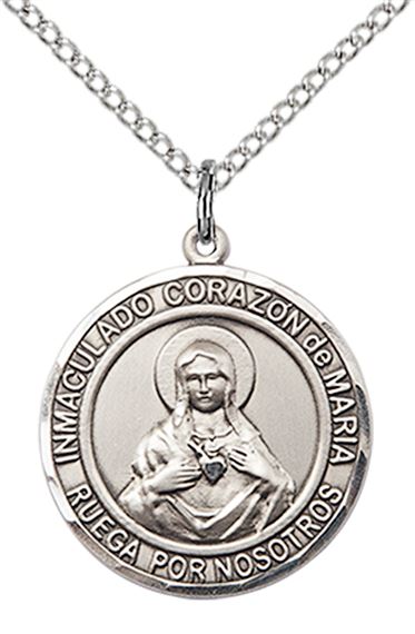 STERLING SILVER CORAZON INMACULADO DE MARIA PENDANT WITH CHAIN - 3/4" x 5/8"