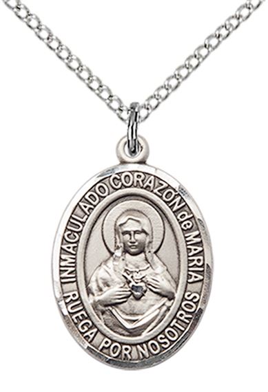 STERLING SILVER CORAZON INMACULADO DE MARIA PENDANT WITH CHAIN