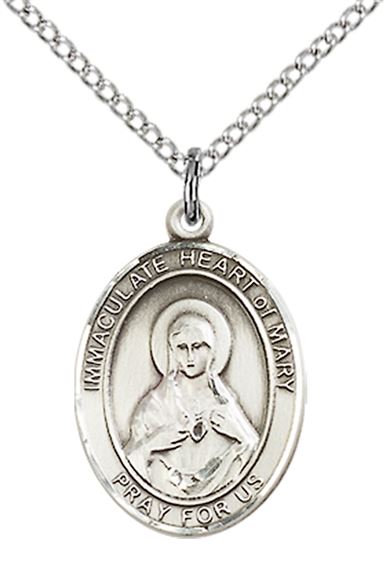 STERLING SILVER IMMACULATE HEART OF MARY PENDANT WITH CHAIN - 3/4" x 1/2"