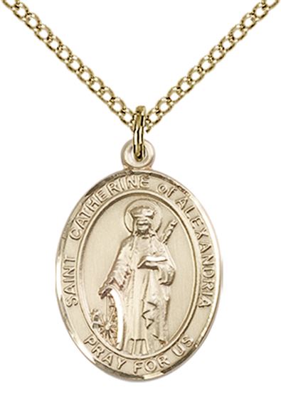 14KT GOLD FILLED ST CATHERINE OF ALEXANDRIA PENDANT WITH CHAIN - 3/4" x 1/2"