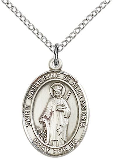STERLING SILVER ST CATHERINE OF ALEXANDRIA PENDANT WITH CHAIN - 3/4" x 1/2"