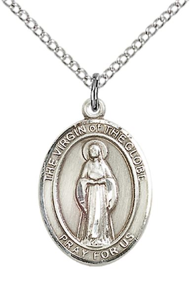 STERLING SILVER VIRGIN OF THE GLOBE PENDANT WITH CHAIN - 3/4" x 1/2"