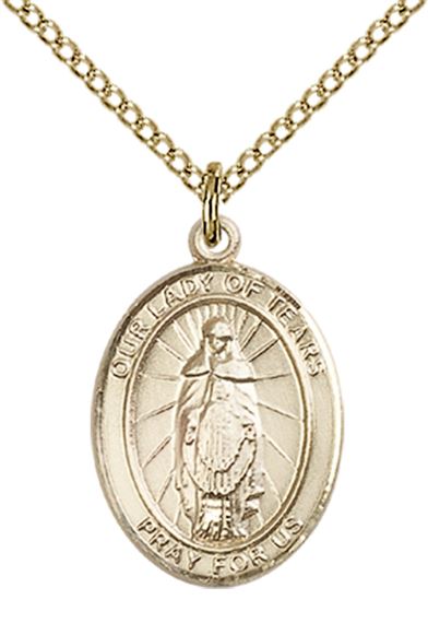 14KT GOLD FILLED OUR LADY OF TEARS PENDANT WITH CHAIN - 3/4" x 1/2"