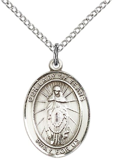 STERLING SILVER OUR LADY OF TEARS PENDANT WITH CHAIN - 3/4" x 1/2"