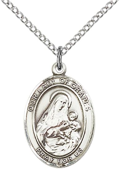 STERLING SILVER OUR LADY OF GRAPES PENDANT WITH CHAIN - 3/4" x 1/2"