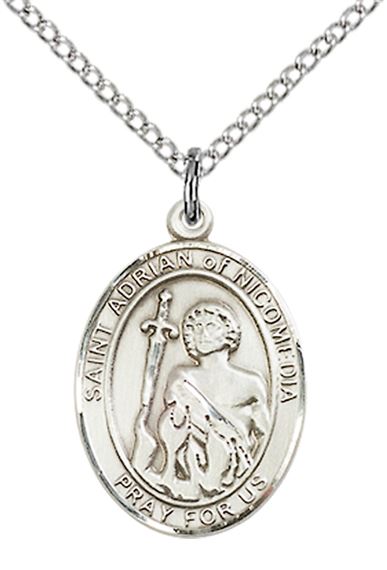STERLING SILVER ST ADRIAN OF NICOMEDIA PENDANT WITH CHAIN - 3/4" x 1/2"