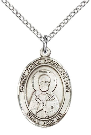 STERLING SILVER ST JOHN CHRYSOSTOM PENDANT WITH CHAIN - 3/4" x 1/2"
