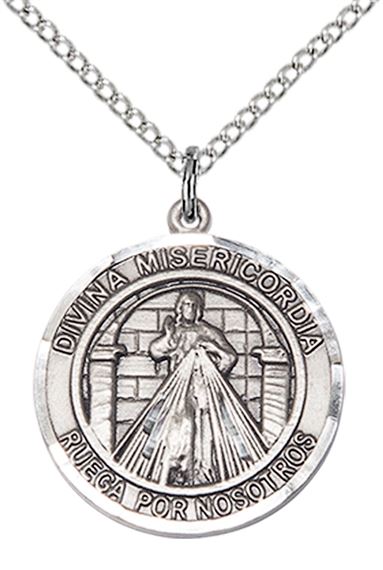 STERLING SILVER DIVINA MISERICORDIA PENDANT WITH CHAIN - 3/4" x 5/8"