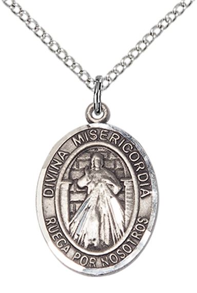 STERLING SILVER DIVINA MISERICORDIA PENDANT WITH CHAIN - 3/4" x 1/2"