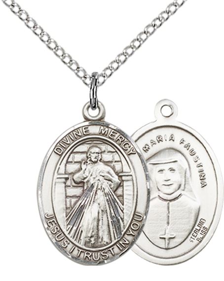 STERLING SILVER DIVINE MERCY PENDANT WITH CHAIN - 3/4" x 1/2"