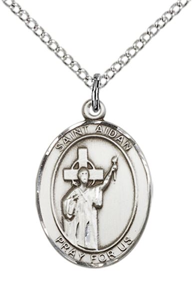 STERLING SILVER ST AIDAN OF LINDESFARNE PENDANT WITH CHAIN - 3/4" x 1/2"