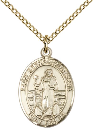 14KT GOLD FILLED ST BERNADINE OF SIENNA PENDANT WITH CHAIN - 3/4" x 1/2"