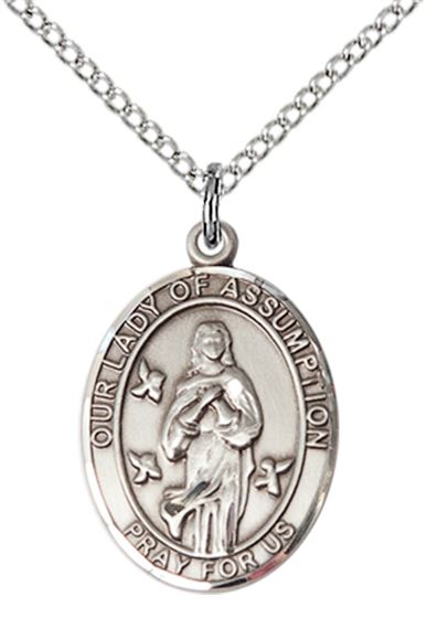 STERLING SILVER OUR LADY OF ASSUMPTION PENDANT WITH CHAIN - 3/4" x 1/2"