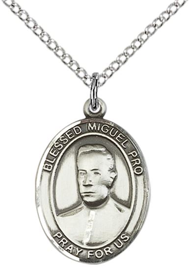 STERLING SILVER BLESSED MIGUEL PRO PENDANT WITH CHAIN - 3/4" x 1/2"