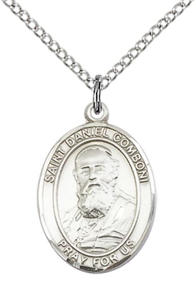 STERLING SILVER ST DANIEL COMBONI PENDANT WITH CHAIN - 3/4" x 1/2"