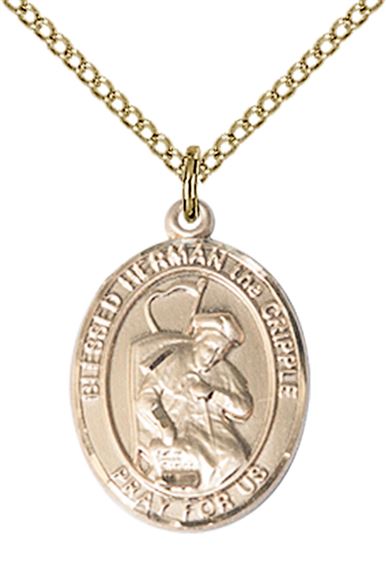14KT GOLD FILLED BLESSED HERMAN THE CRIPPLE PENDANT WITH CHAIN - 3/4" x 1/2"