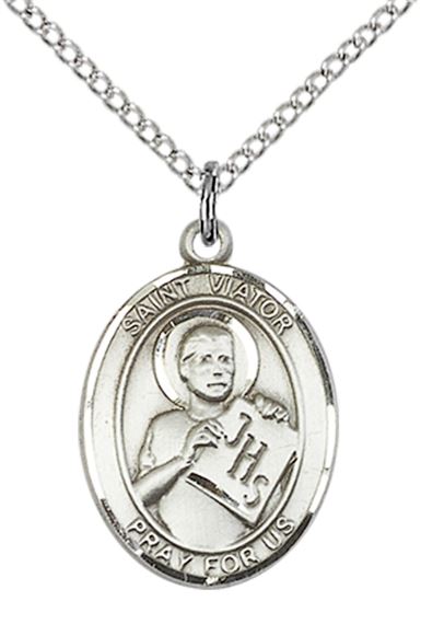 STERLING SILVER ST VIATOR OF BERGAMO PENDANT WITH CHAIN - 3/4" x 1/2"