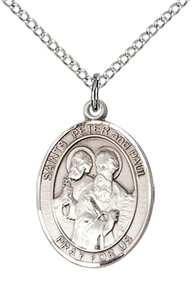 STERLING SILVER ST PETER ST PAUL PENDANT WITH CHAIN - 3/4" x 1/2"