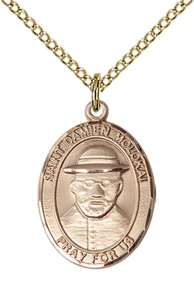 14KT GOLD FILLED ST DAMIEN OF MOLOKAI PENDANT WITH CHAIN - 3/4" x 1/2"
