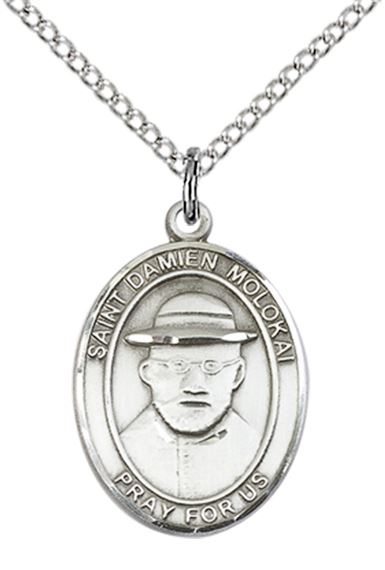 STERLING SILVER ST DAMIEN OF MOLOKAI PENDANT WITH CHAIN - 3/4" x 1/2"