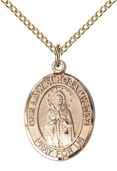 14KT GOLD FILLED OUR LADY OF ROSA MYSTICA PENDANT WITH CHAIN - 3/4" x 1/2"