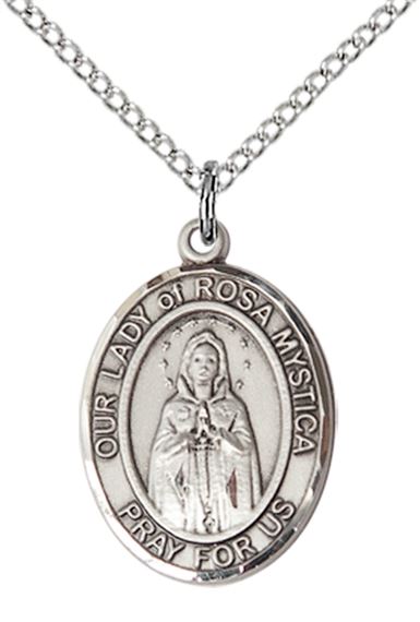 STERLING SILVER OUR LADY OF ROSA MYSTICA PENDANT WITH CHAIN - 3/4" x 1/2"