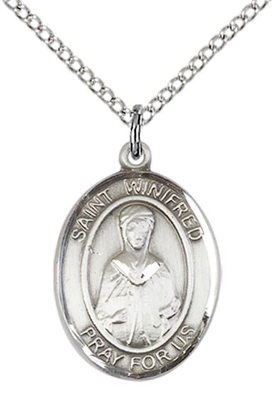 STERLING SILVER ST WINIFRED OF WALES PENDANT WITH CHAIN - 3/4" x 1/2"