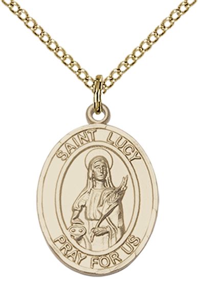 14KT GOLD FILLED ST LUCY PENDANT WITH CHAIN - 3/4" x 1/2"
