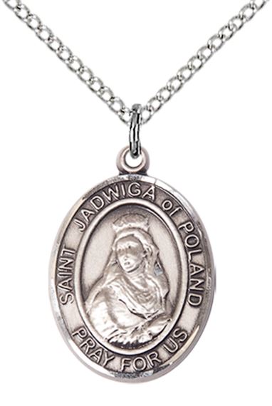 STERLING SILVER ST JADWIGA OF POLAND PENDANT WITH CHAIN - 3/4" x 1/2"