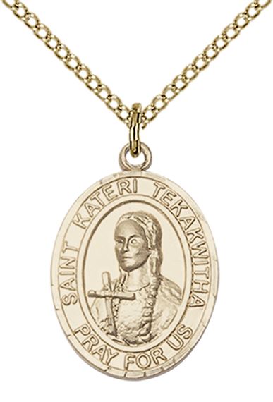 14KT GOLD FILLED ST KATERI TEKAKWITHA PENDANT WITH CHAIN - 3/4" x 1/2"