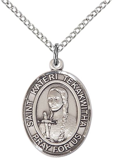 STERLING SILVER ST KATERI TEKAKWITHA PENDANT WITH CHAIN - 3/4" x 1/2"