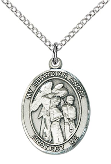 STERLING SILVER GUARDIAN ANGEL W-CHILDREN PENDANT WITH CHAIN - 3/4" x 1/2"