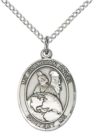 STERLING SILVER GUARDIAN ANGEL PROTECTOR PENDANT WITH CHAIN - 3/4" x 1/2"