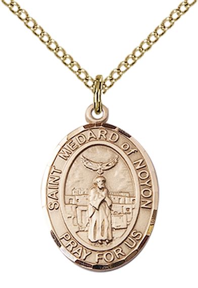 14KT GOLD FILLED ST MEDARD OF NOYON PENDANT WITH CHAIN - 3/4" x 1/2"