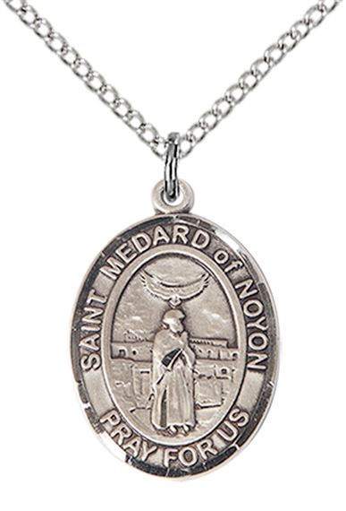 STERLING SILVER ST MEDARD OF NOYON PENDANT WITH CHAIN - 3/4" x 1/2"