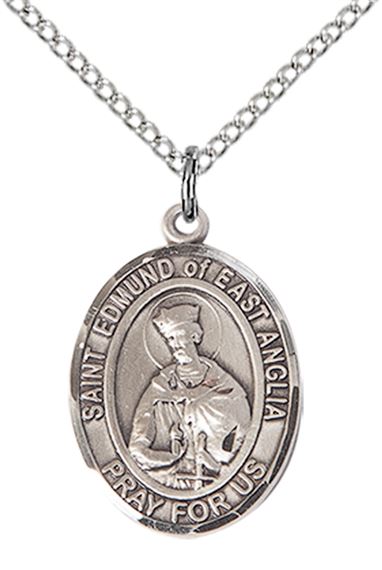 STERLING SILVER ST EDMUND OF EAST ANGLIA PENDANT WITH CHAIN - 3/4" x 1/2"