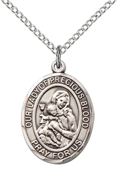 STERLING SILVER OUR LADY OF THE PRECIOUS BLOOD PENDANT WITH CHAIN - 3/4" x 1/2"