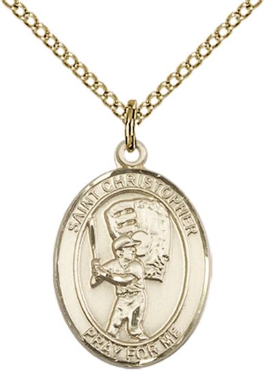 14KT GOLD FILLED ST CHRISTOPHER-BASEBALL PENDANT WITH CHAIN - 3/4" x 1/2"