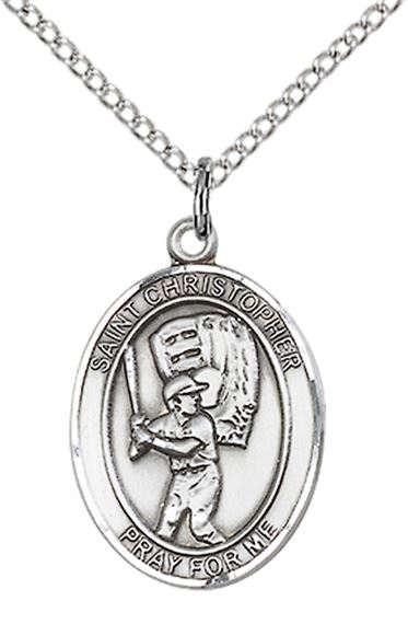 STERLING SILVER ST CHRISTOPHER-BASEBALL PENDANT WITH CHAIN - 3/4" x 1/2"