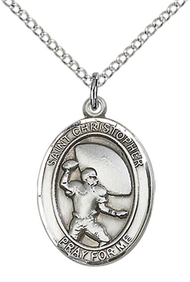 STERLING SILVER ST CHRISTOPHER-FOOTBALL PENDANT WITH CHAIN - 3/4" x 1/2"