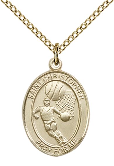 14KT GOLD FILLED ST CHRISTOPHER-BASKETBALL PENDANT WITH CHAIN - 3/4" x 1/2"