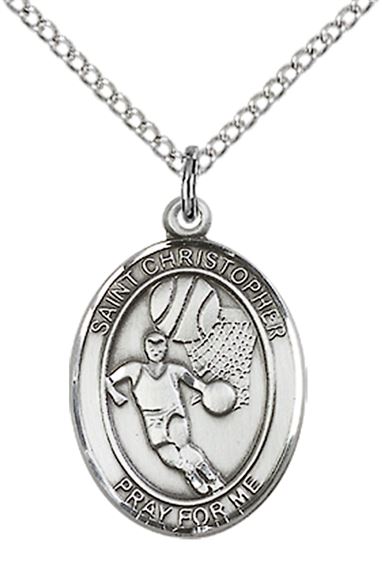 STERLING SILVER ST CHRISTOPHER-BASKETBALL PENDANT WITH CHAIN - 3/4" x 1/2"